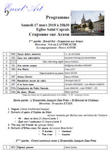 ENVOL'ART Concert Craponne sur Arzon 17 mars 2018 - Programme avec Josquin Des Près